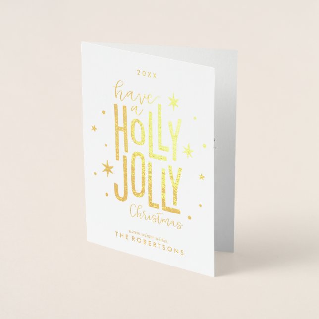 Carte Dorée Photo de Noël personnalisée "Holly Jolly" (Devant)