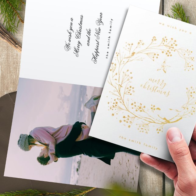 Carte Dorée Photo Wreath Joyeux Noël | Nouvel an VRAI Or (Créateur téléchargé)