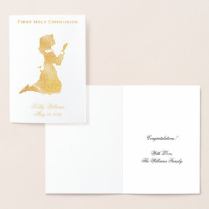 Carte Dorée Première Sainte Communion Priant La Fille Élégante
