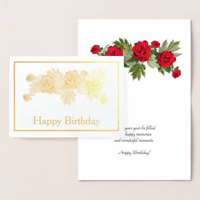 Carte Dorée Roses rouges Floral Or d'anniversaire (Affichage)