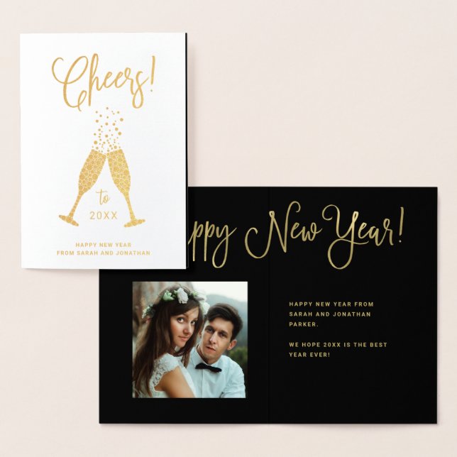 Carte Dorée Salutations avec Lunettes de Champagne et Photo |  (Affichage)