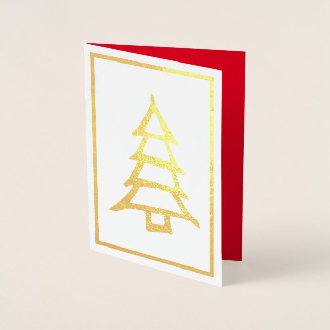 Carte Dorée Sapin de Noël Simple Minimalisme Intérieur Rouge (Devant)