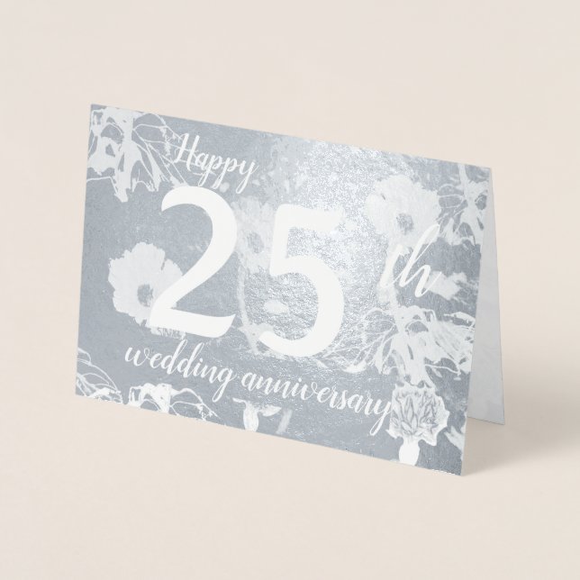 Carte Dorée Silver Foil floral 25e anniversaire Mariage blanc (Devant)