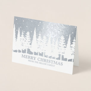 Carte Dorée Silver Foil Joyeux Noël Snowy Trees Custom
