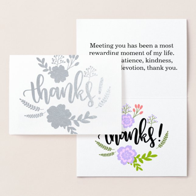 Carte Dorée Silver Foil typographie florale Sincere merci (Affichage)