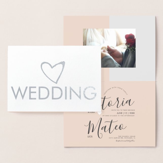 Carte Dorée Simple Heart Script Typographie Rose Gris Mariage (Affichage)