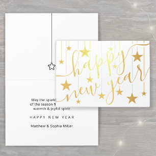 Carte Dorée Stars Suspendus Joyeux Nouvel An Chic Script Moder