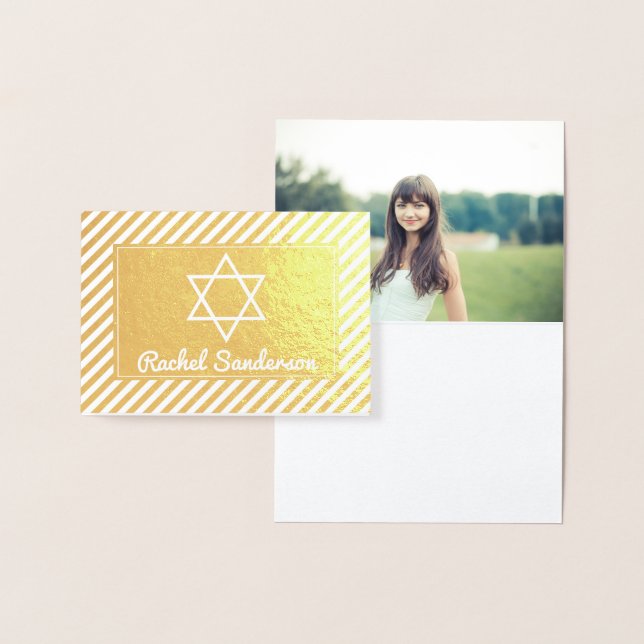 Carte Dorée Stripes Real Gold Foil Bat mitzvah photo Merci (Affichage)
