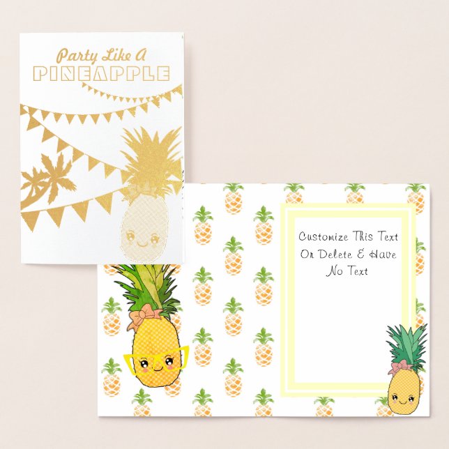 Carte Dorée Texte Personnalisé / Ananas Gold Party Kawaii Beac (Affichage)