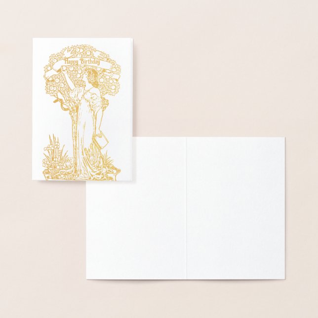 Carte Dorée Une femme qui ramasse des pommes Joyeux anniversai (Affichage)