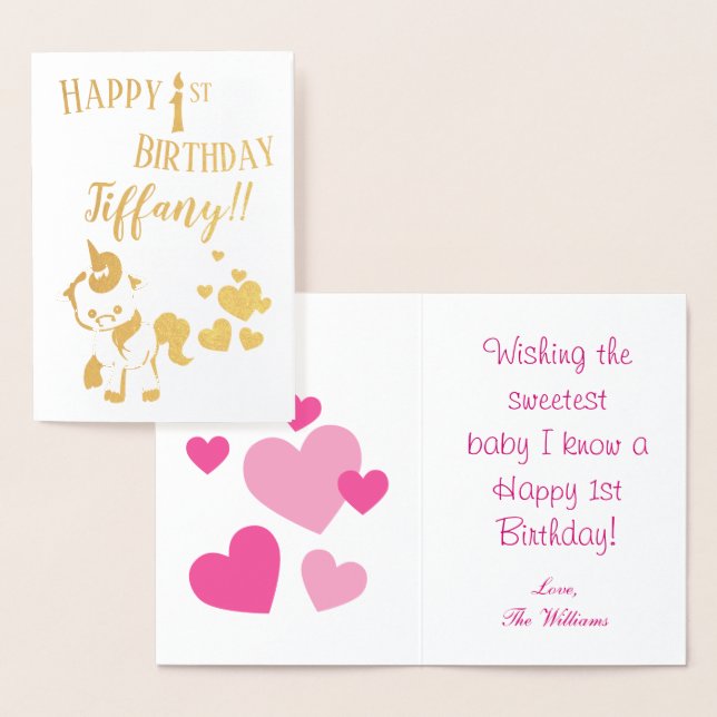 Carte Dorée Unicorn Thème Joyeux 1er Anniversaire (Affichage)