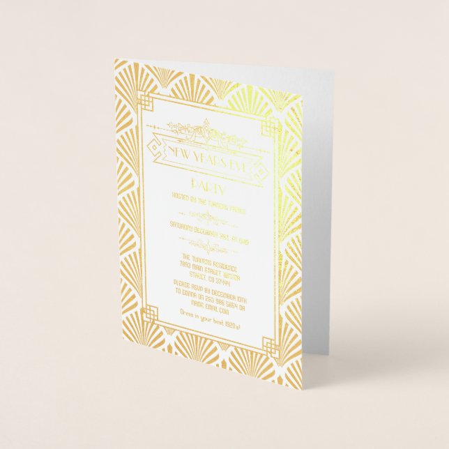 Carte Dorée Véritable Gold Foil Art Déco Soirée du Nouvel An (Devant)