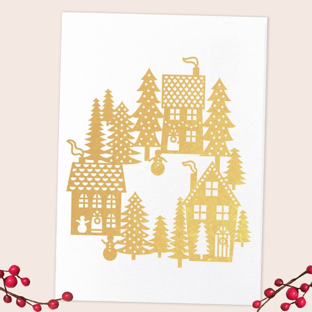 Carte Dorée Village de Noël (Christmas Village real foil card, personalized inside)
