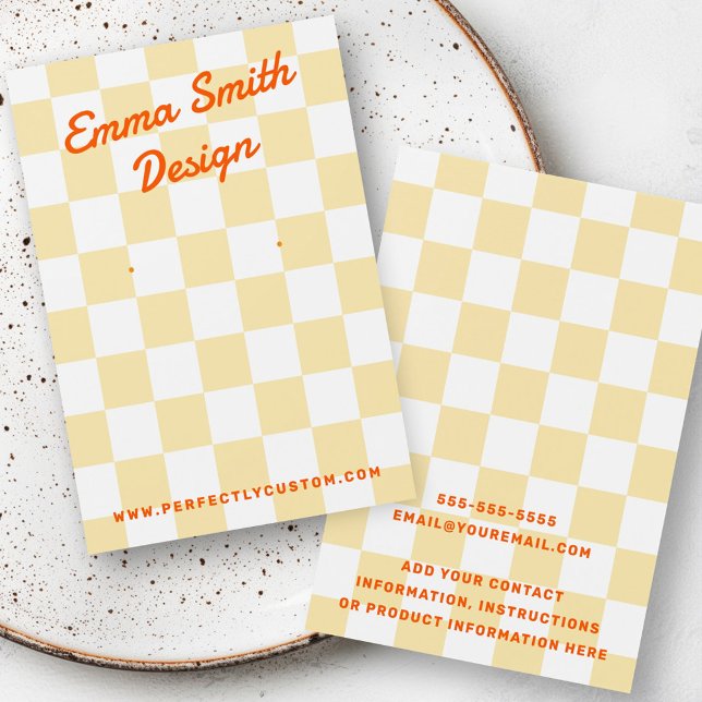 Carte d'oreille pour les dames jaune pâle (Retro name pale yellow white checkers earring card)