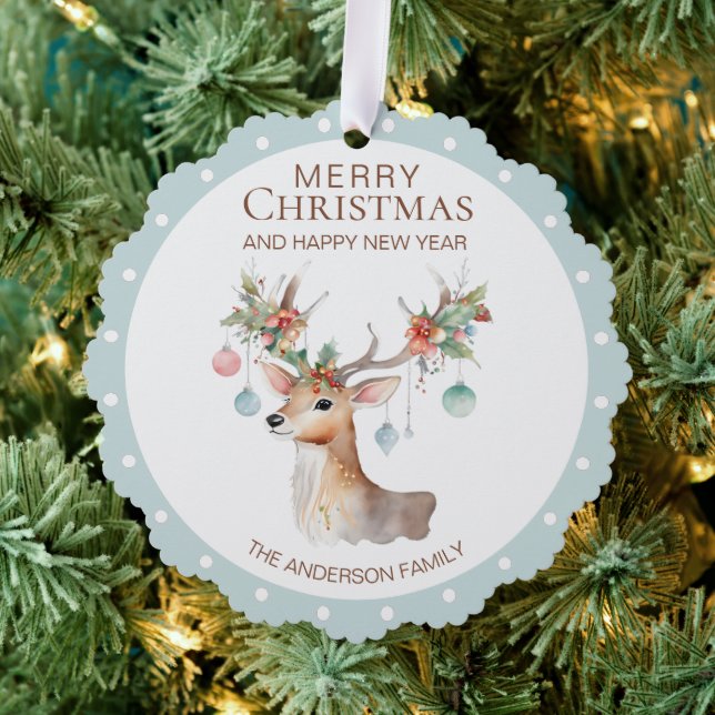 Carte d'ornement de Noël bleu renne floral (Insitu (Arbre))