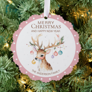 Carte d'ornement de Noël rose renne Aquarelle
