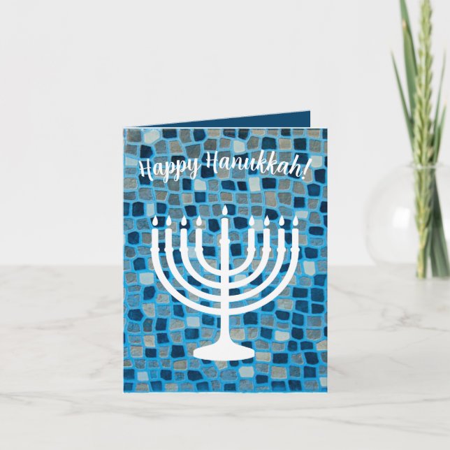 Carte d'ornement Hanoukka Menorah Blue Mosaic (Devant)