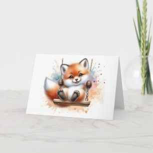 Carte Doux bébé renard sur une balançoire Aquarelle Vier