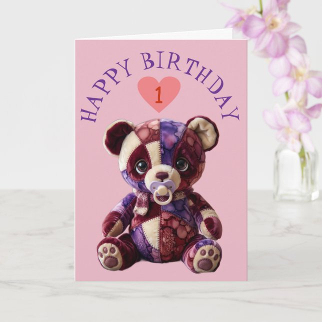 Carte Doux ours en patchwork câlin (Orchidée)