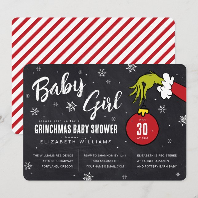 Carte Dr Seuss | Baby Girl Grinch Baby shower (Devant / Derrière)