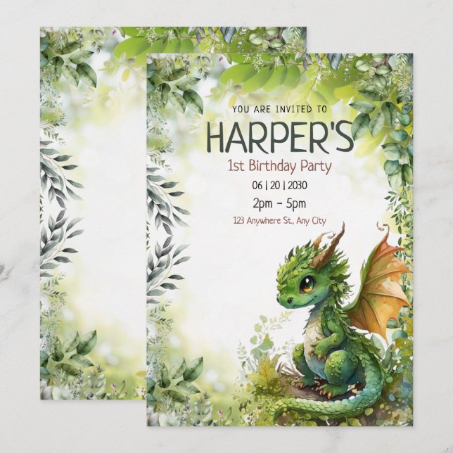 Carte Dragon modifiable 1er anniversaire de fête Invitat (Devant / Derrière)