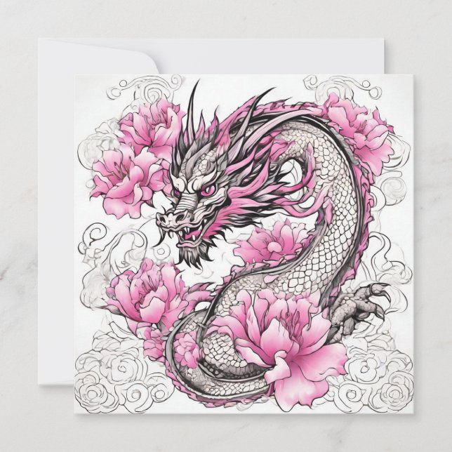 Carte Dragon Oriental aux Fleurs Roses Vibrantes (Devant)