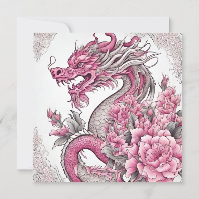 Carte Dragon oriental et fleurs roses (Devant)