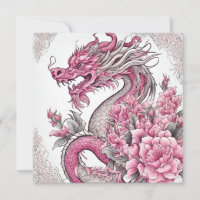 Dragon oriental et fleurs roses
