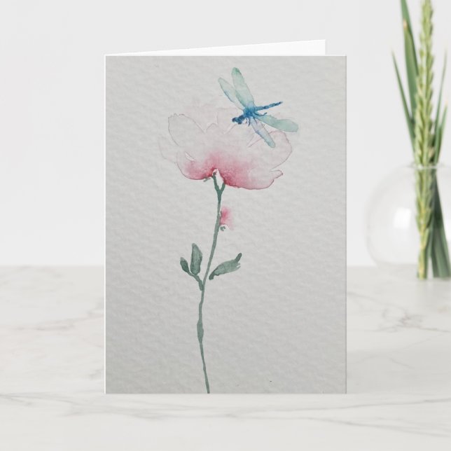 Carte Dragonfly sur la peinture à l'aquarelle de fleur (Devant)