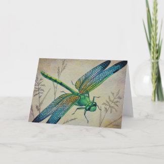 Carte Dragonfly vintage no 3 et Grass Watercolor Art
