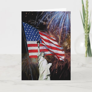 Carte Drapeau américain, feux d'artifice et statue de la