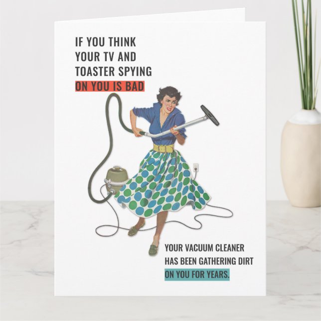 Carte Drôle 1950s Femme au foyer Vacuuming Greeting (Devant)