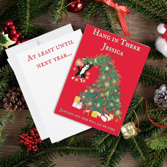 Carte Drôle Accrochez-vous là Chat dans l'arbre de Noël (Funny Cure Sarcastic Encouragement "Hang In there Card" for the Women who make Christmas happen)