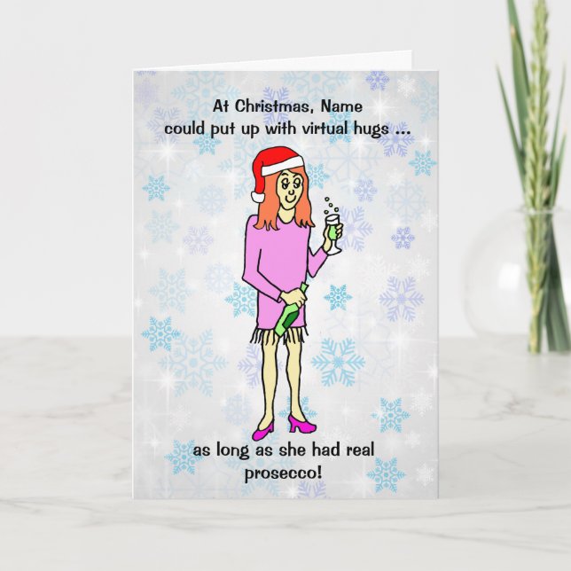 Carte Drôle Caricature Virtual Hugs Prosecco Noël (Devant)