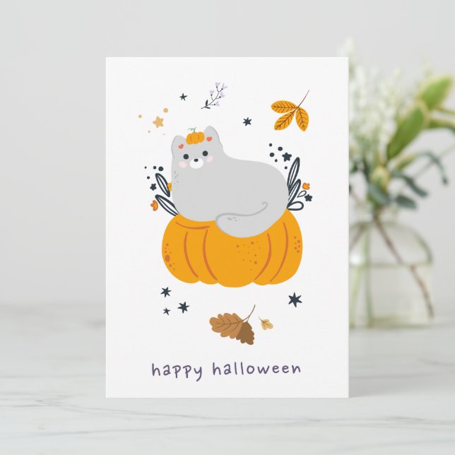 Carte Drôle chats de dessin animé avec balais, citrouill (Debout devant)