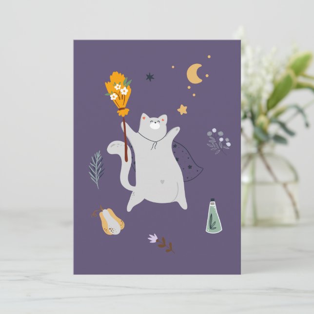 Carte Drôle chats de dessin animé avec balais, citrouill (Debout devant)