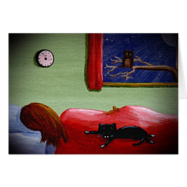 Carte drôle Creationarts de hibou de fille de chat (Devant Horizontal)