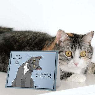 Carte Drôle de chat Fête des Pères Gris Chat Bleu