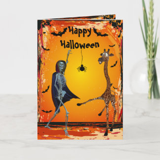 Carte drôle de Halloween de girafe et de squelette