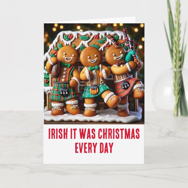 Carte Drôle de Noël irlandais pain d'épice kilt cornemus (Devant)