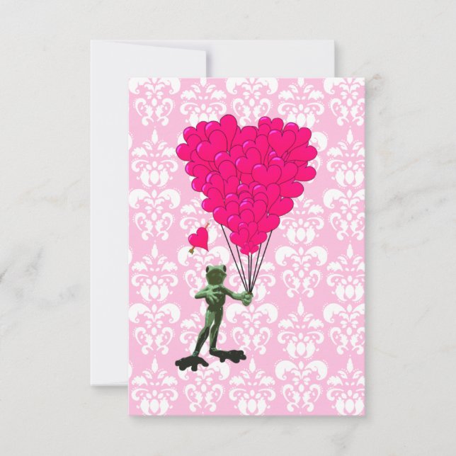 Carte Drôle dessin de grenouille & coeur rose sur damask (Devant)