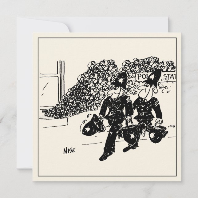 Carte Drôle dessin de police. Le poste de police en feu. (Devant)