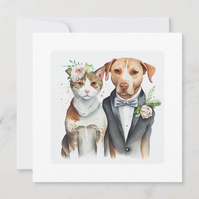 Carte drôle grave : mariage de chat et de chien, aquarel (Devant)
