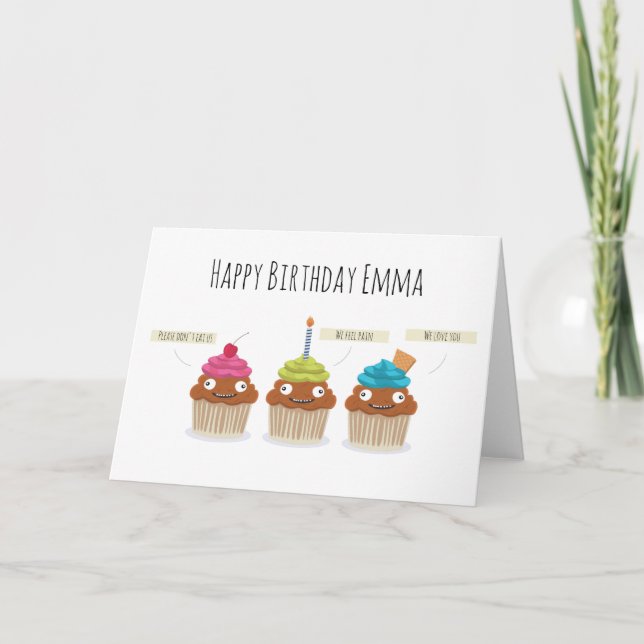 Carte Drôle Joyeux dessin animé d'anniversaire Cupcakes  (Devant)