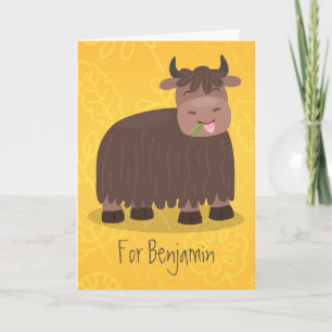 Carte Drôle joyeux yak mangeant de l'herbe dessin d'illu