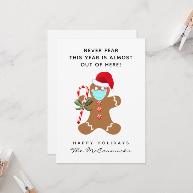 Carte Drôle Noël Gingerbread Homme portant un masque fac (Devant/Arrière en situation)