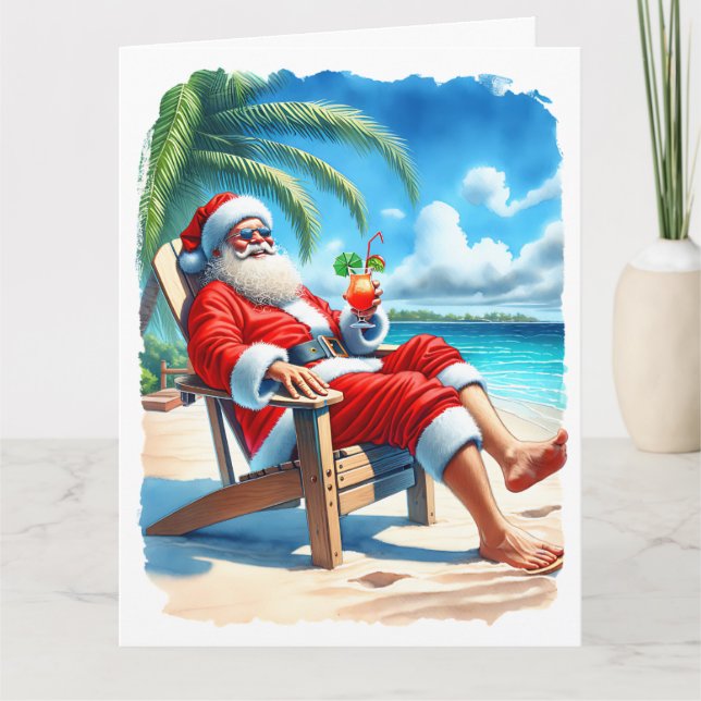 Carte Drôle Père Noël Profitez d'un cocktail sur la plag (Devant)