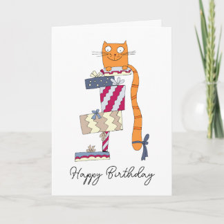 Carte Drôle rousse est assise sur une pile de cadeaux.
