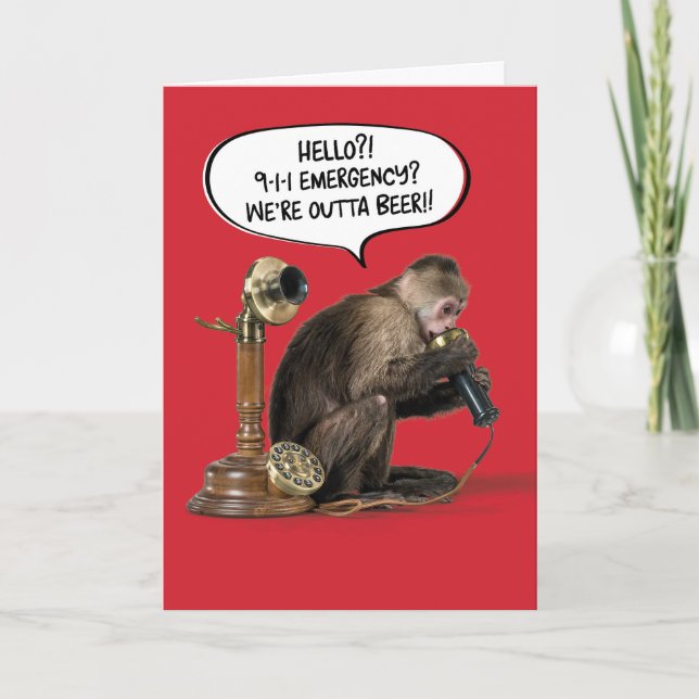 Carte Drôle singe hors de la bière Anniversaire (Devant)