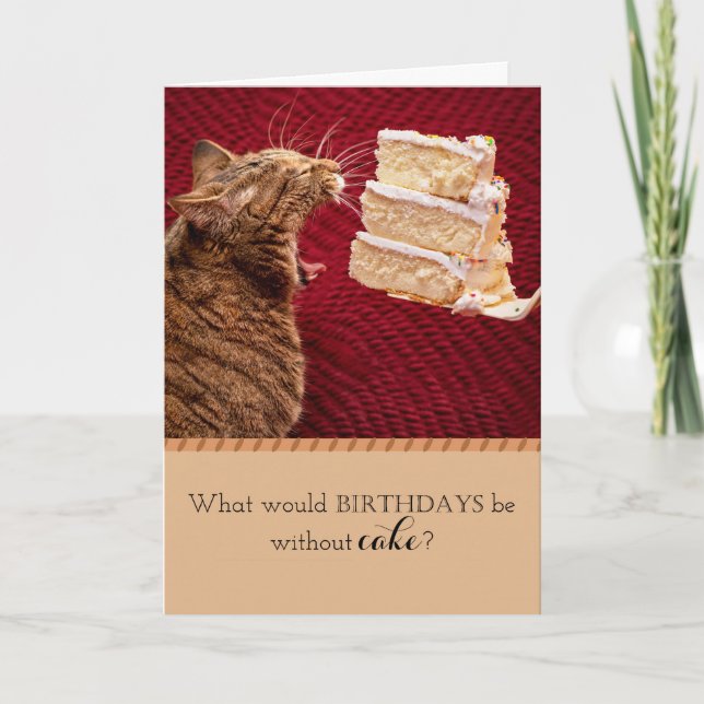 Carte Drôle Tabby Cat Mange Une Grande Partie De Gâteau  (Devant)